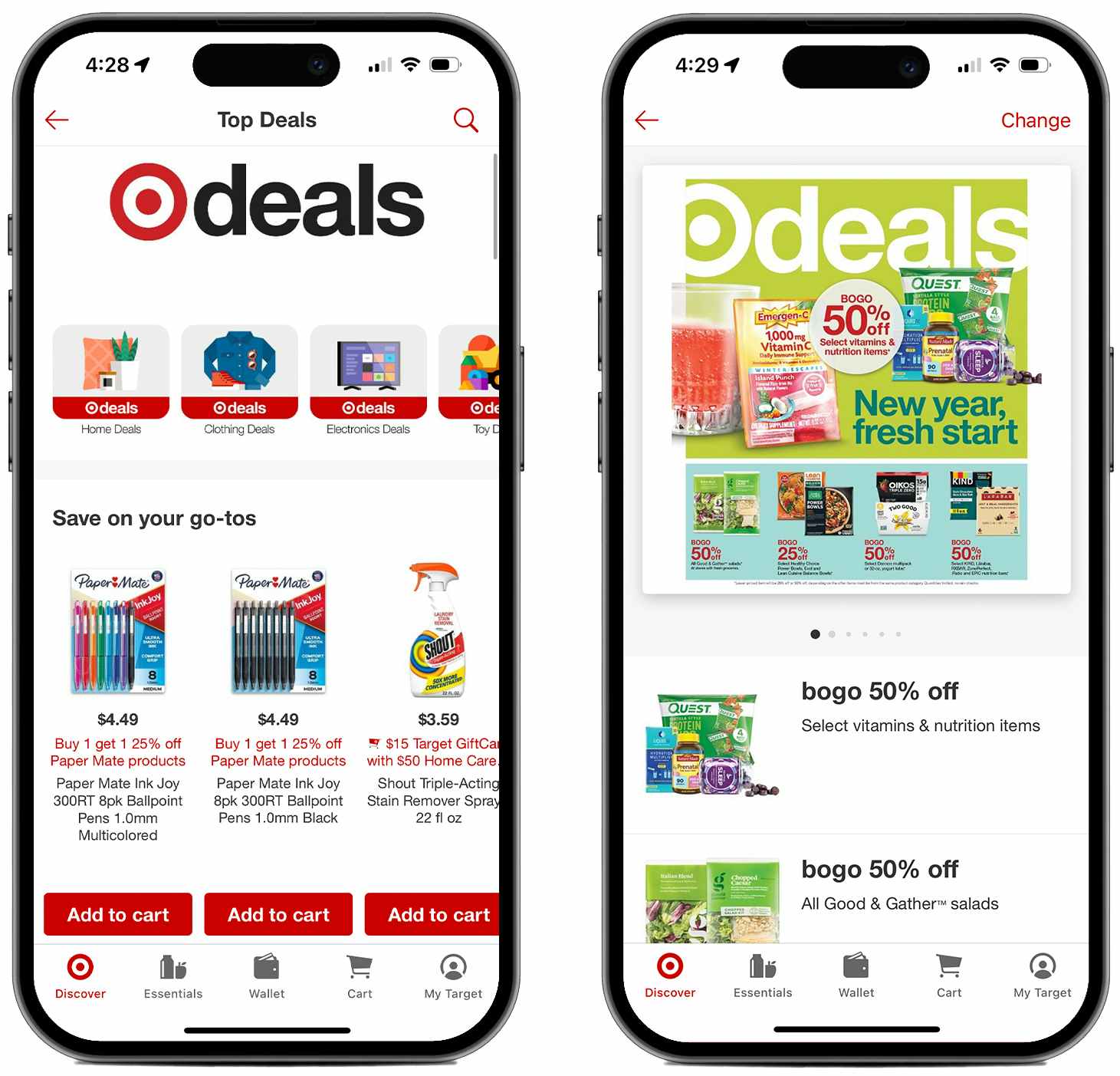 two smartphone screenshots of the target app: one showing the top deals page and the other showing a view of the weekly ad