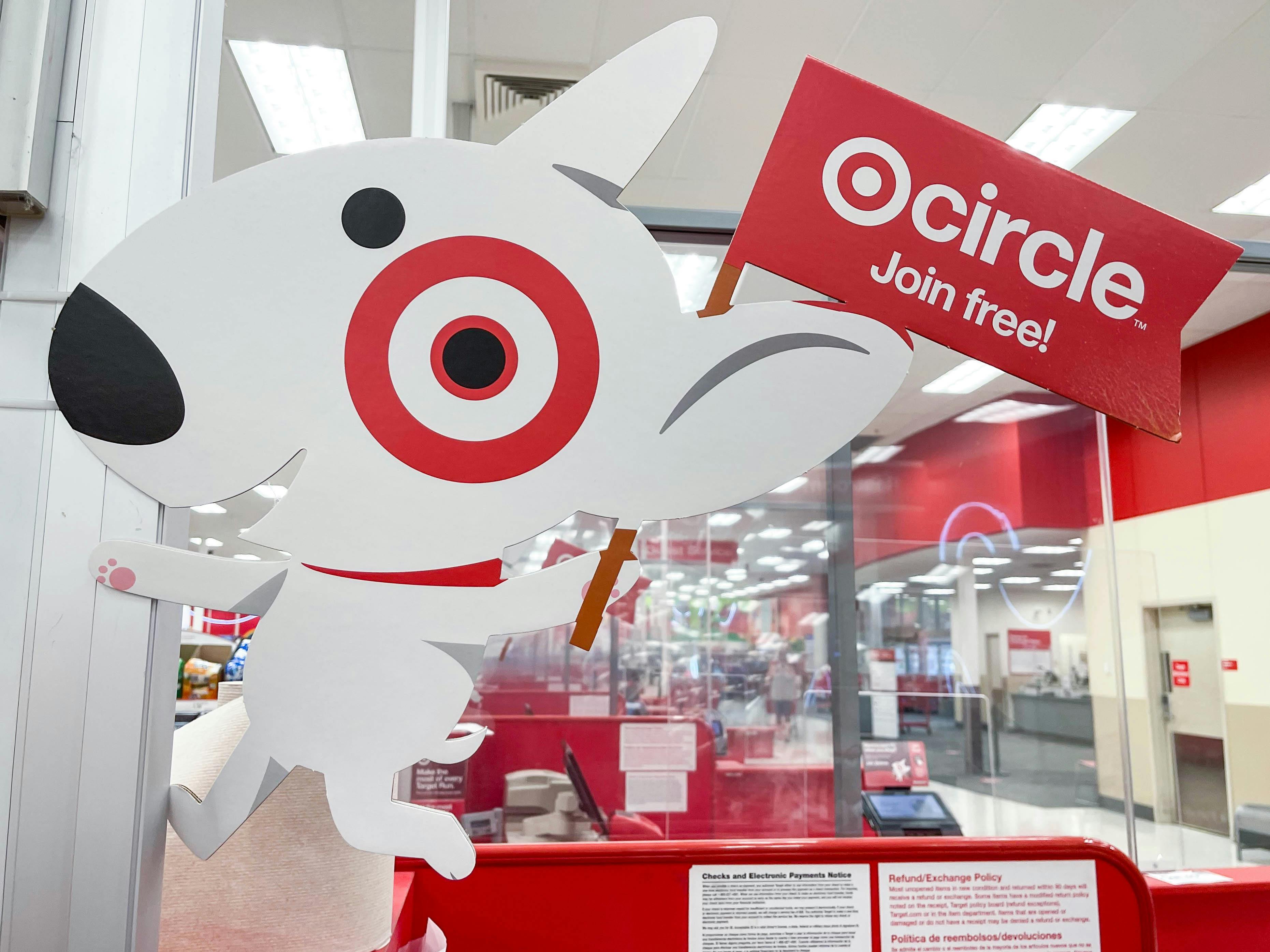 join now circle sign with target bullseye dog