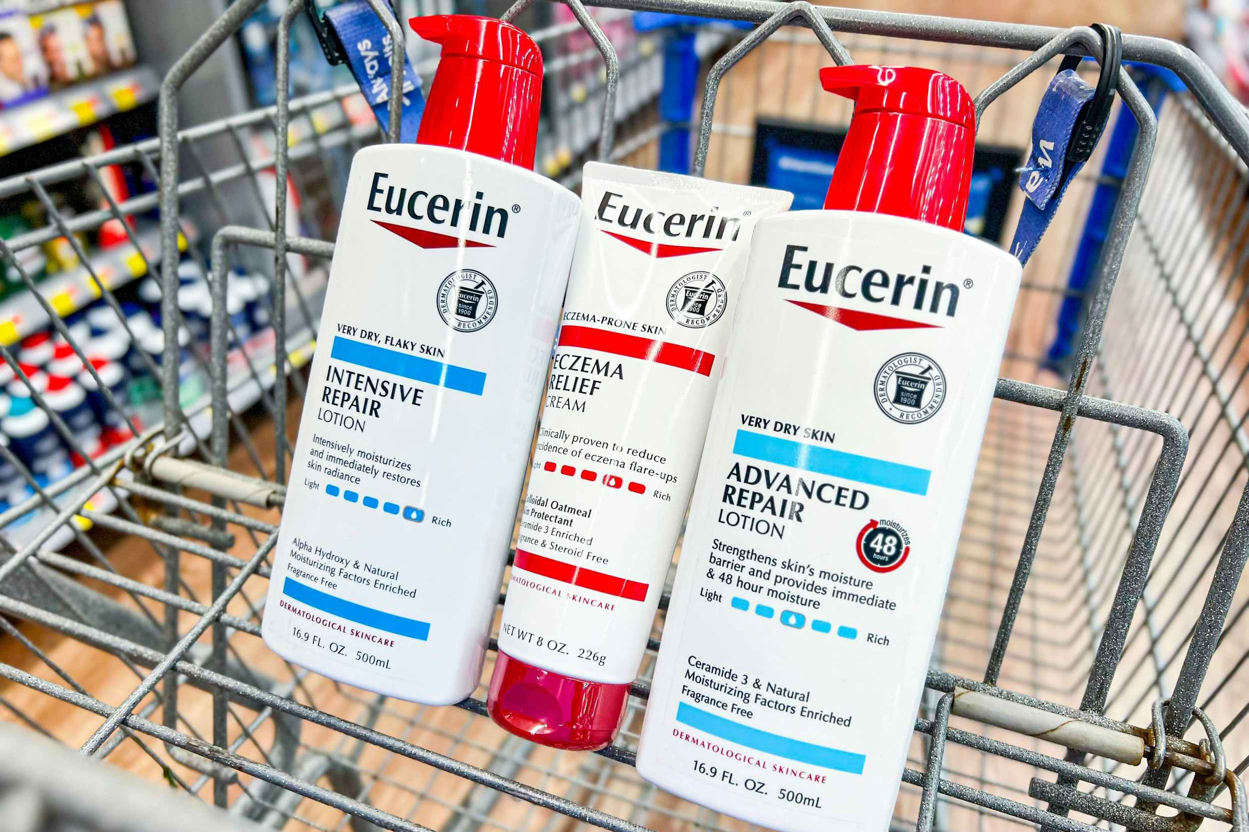 eucerin cream and lotions in a cart at walmart