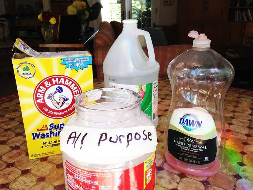Make a homemade all-purpose cleaner with vinegar, washing soda and dish soap.