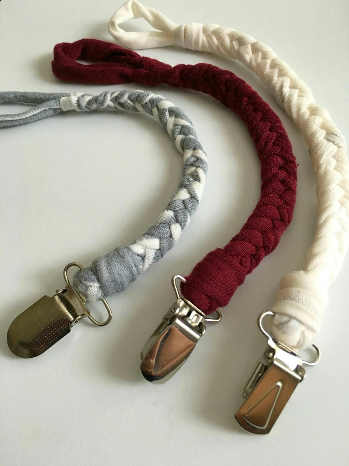 Braid a pacifier clip with old t-shirts so you don't lose binkies and save $10 each.
