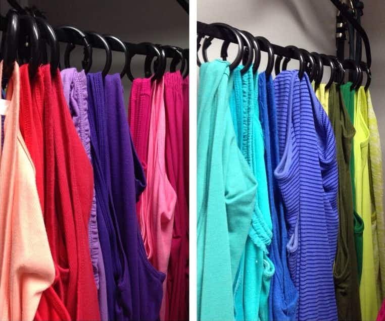 Hang tank tops from shower rings to maximize closet space.