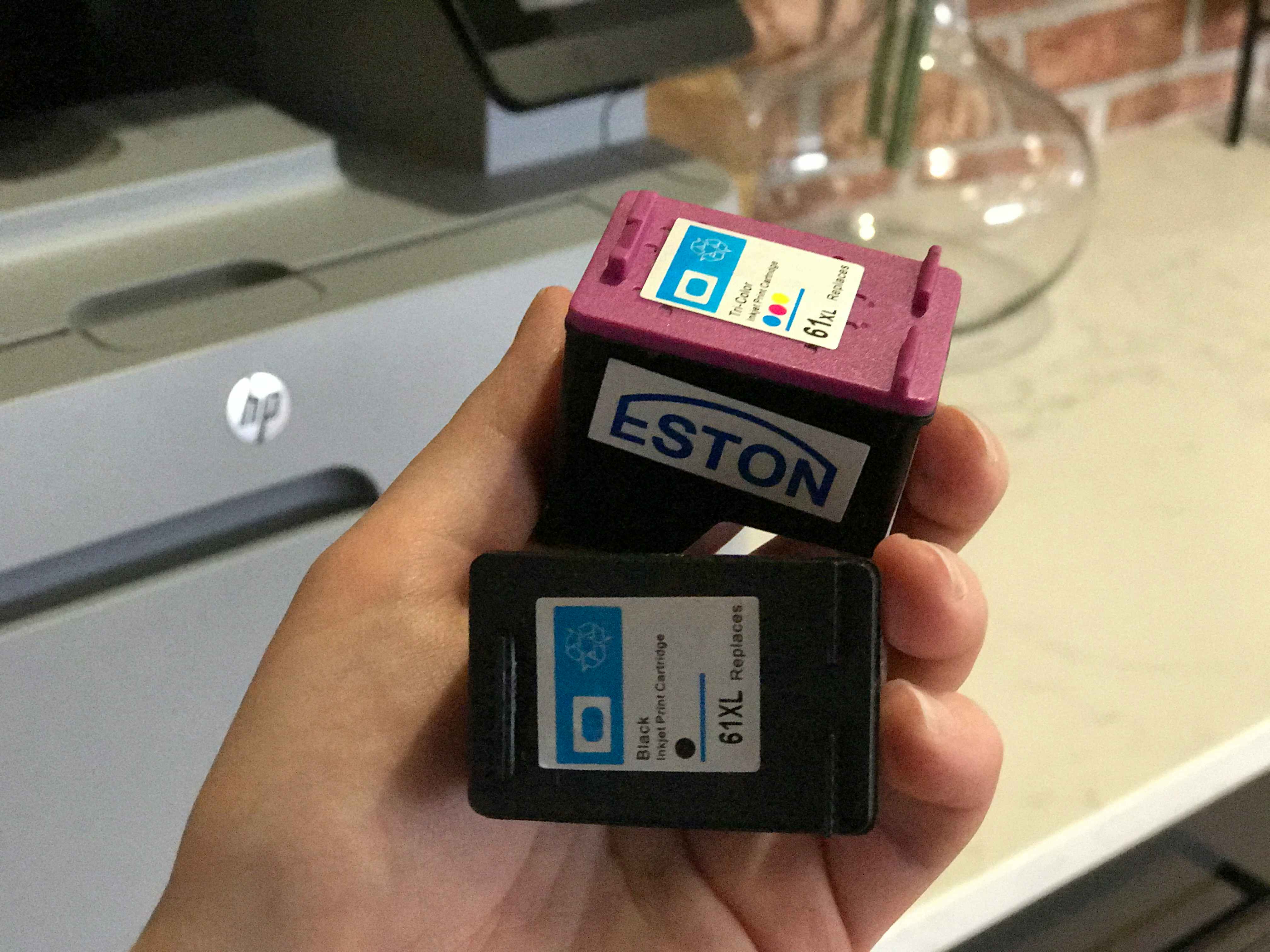 A person holding two printer ink cartridges.