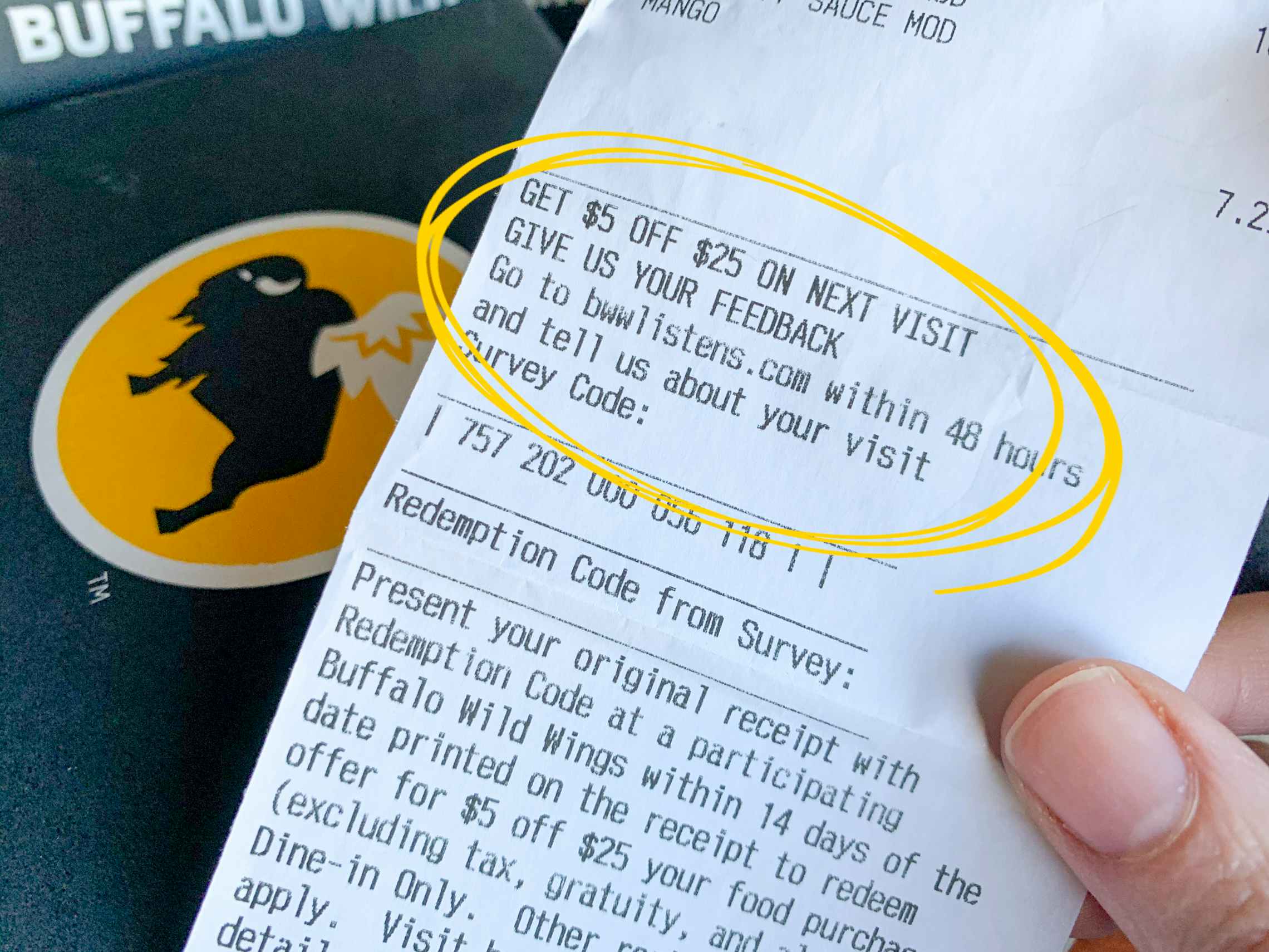 A receipt with a yellow circle around information about a survey to receive $5 off $25 during your next visit.