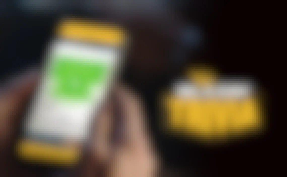 A person holding their phone with the Buffalo Wild Wings mobile app open to the trivia page. The logo for Blazin' Trivia is shown to the right of the phone.