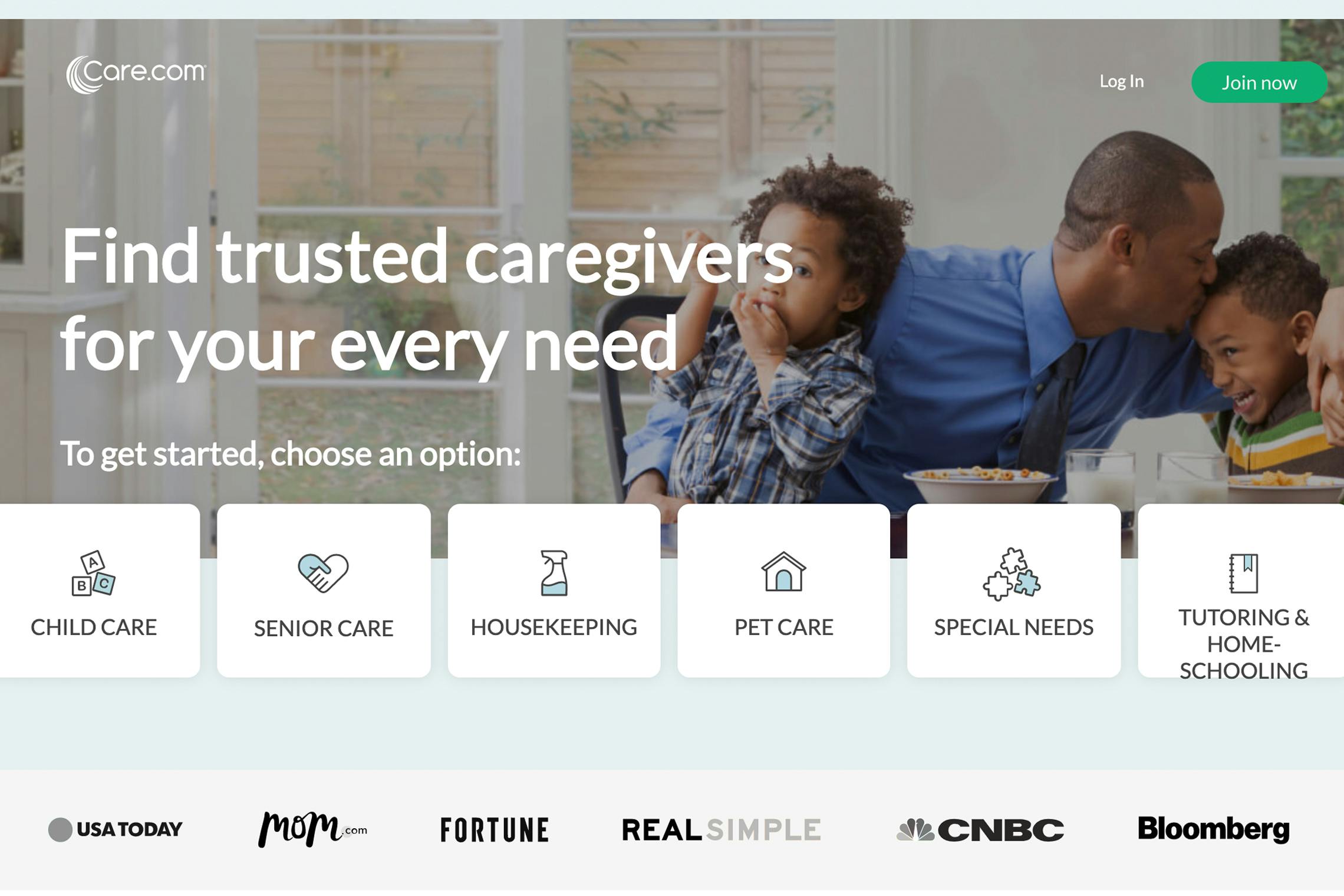Care.com website home page screenshot.