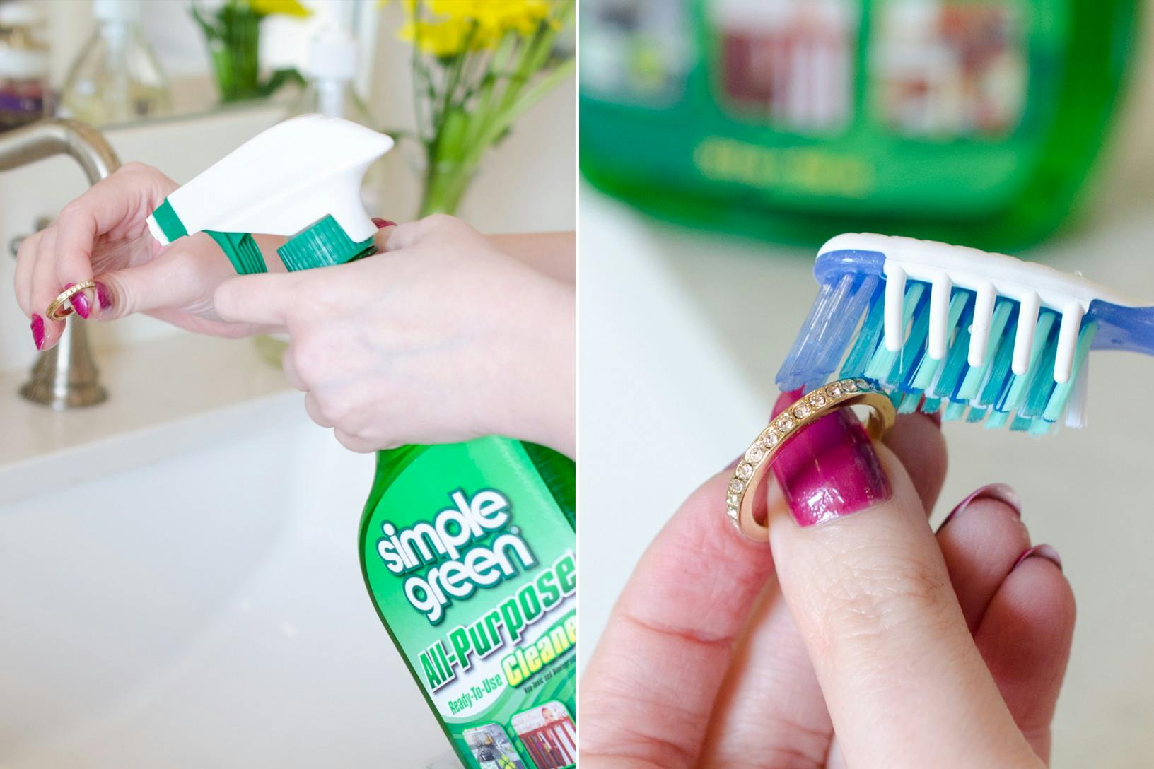 Someone spraying Simple Green onto a ring and using a toothbrush to clean it