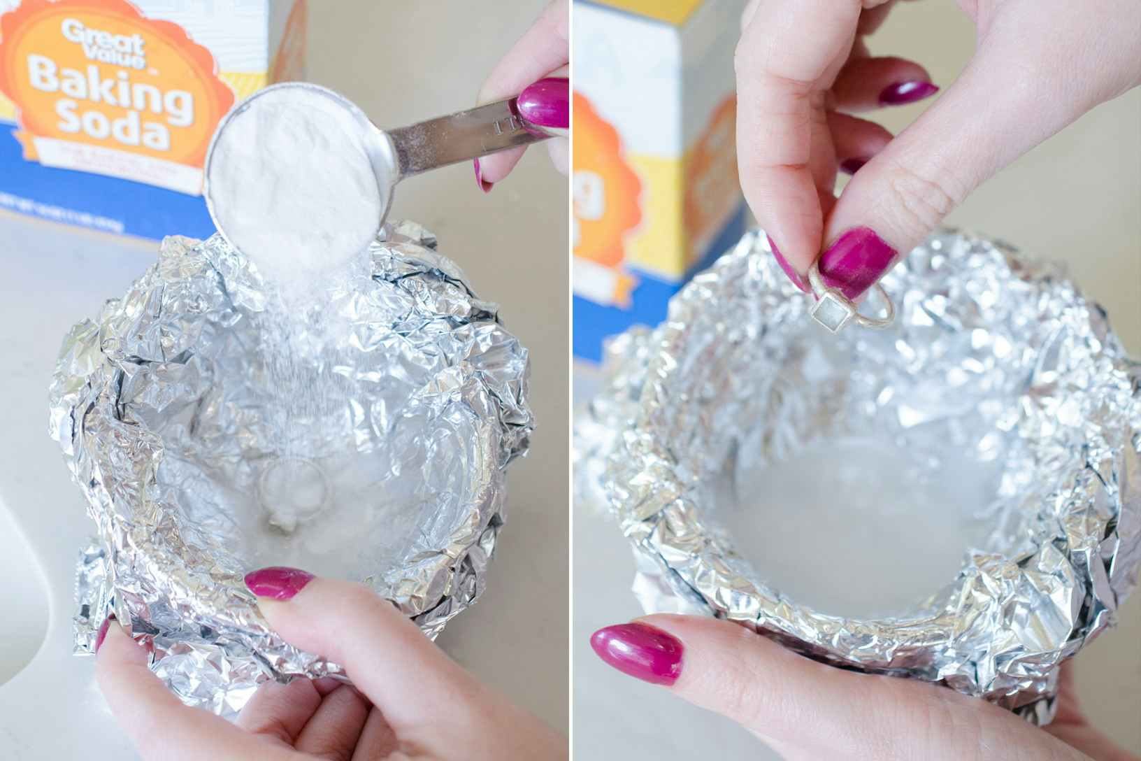 A person making a DIY cleaner with baking soda and foil