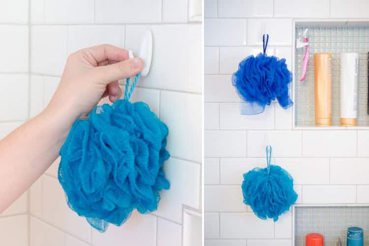 Organize shower accessories with Command hooks.