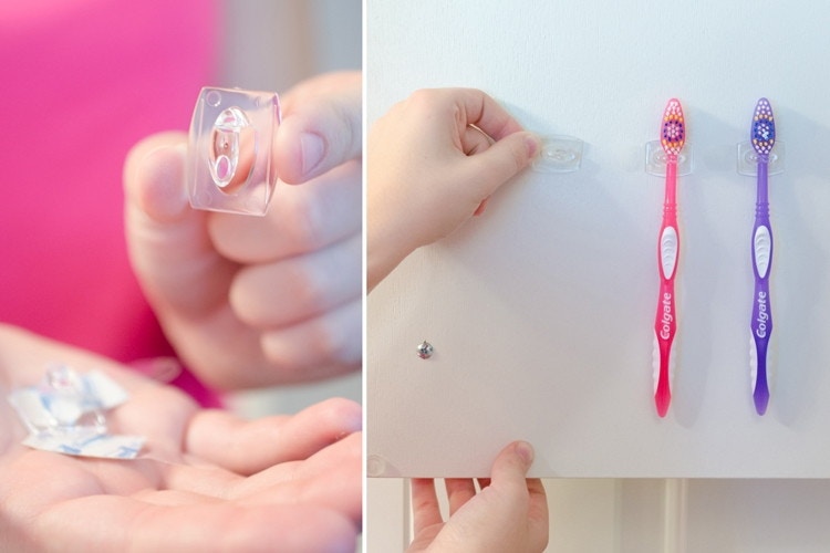 Keep toothbrushes in a medicine cabinet with small Command hooks turned on their sides.