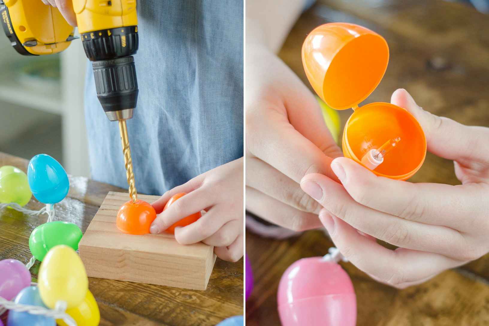 Attach plastic eggs to string lights.