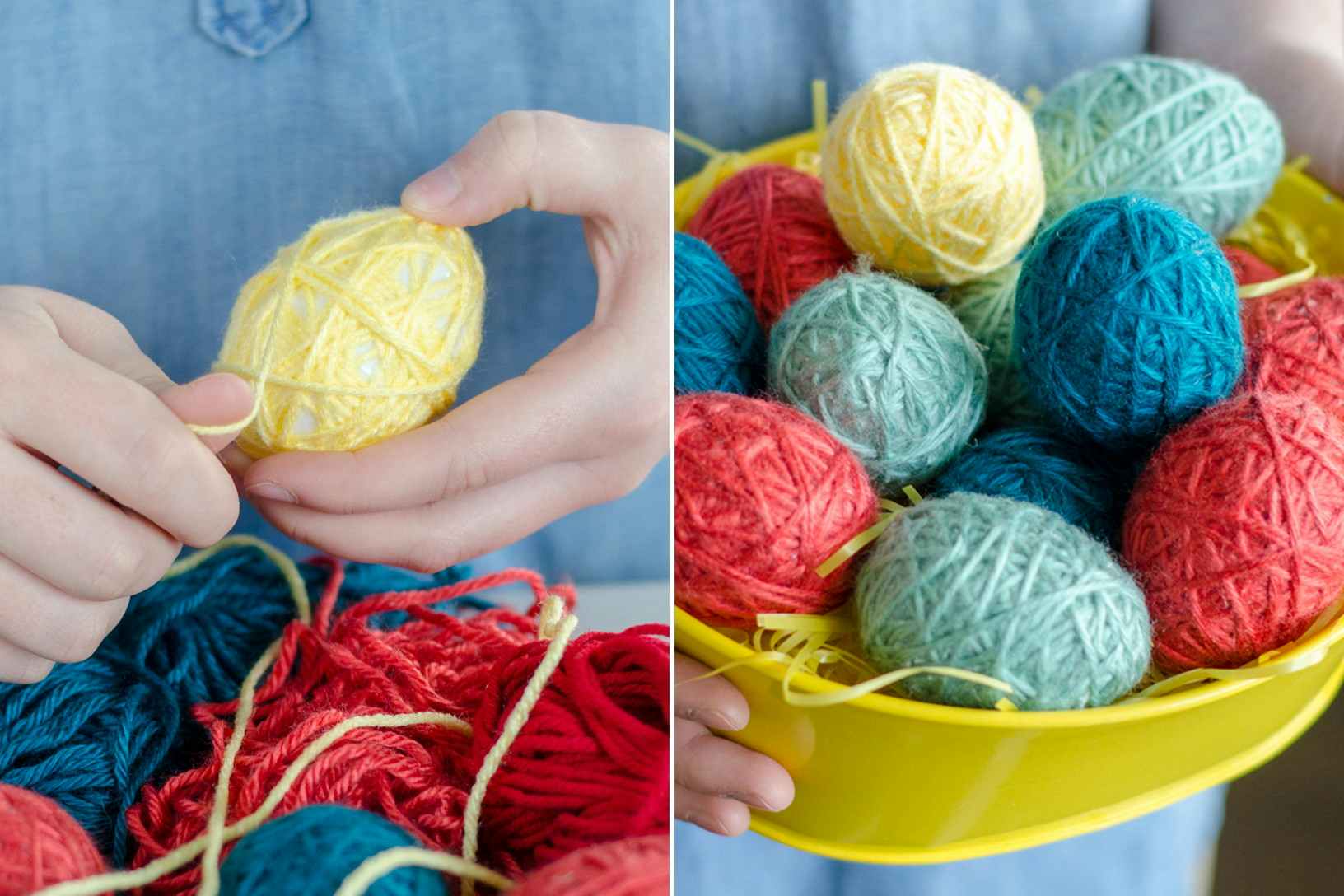 Wrap plastic Easter eggs in yarn for colorful decor.