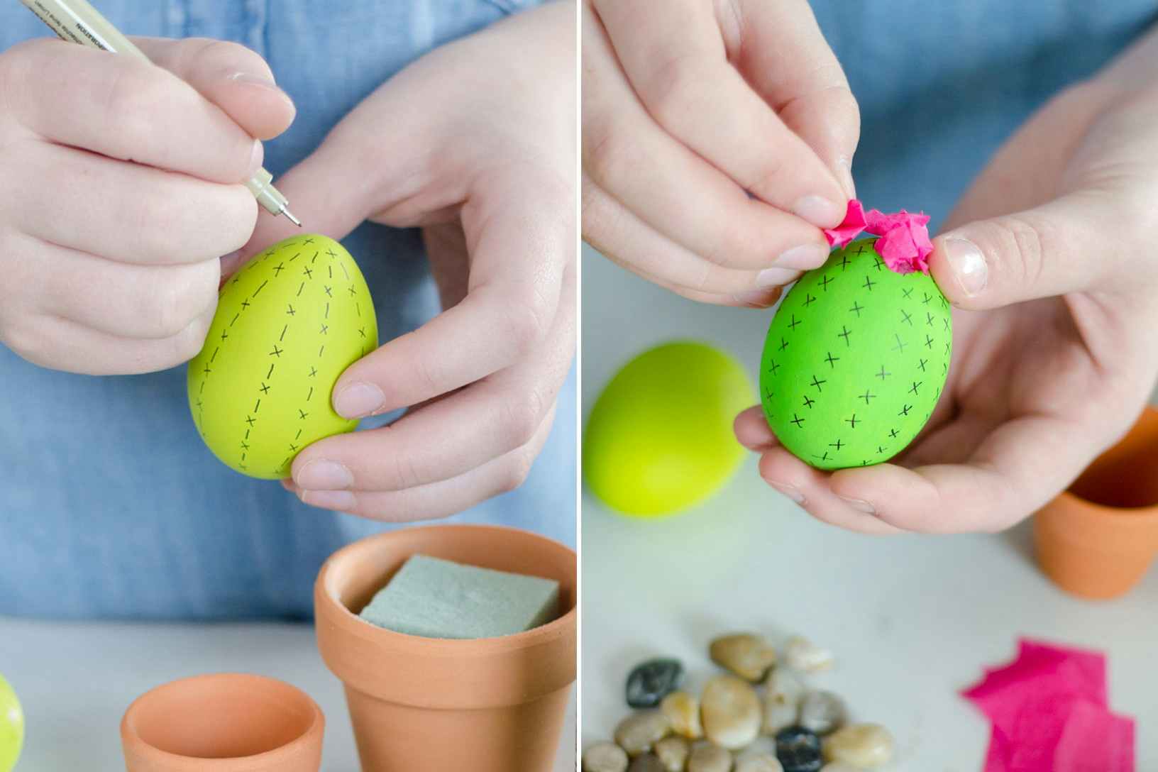 Paint or dye craft eggs, and set in terra-cotta pots for cactus Easter eggs.