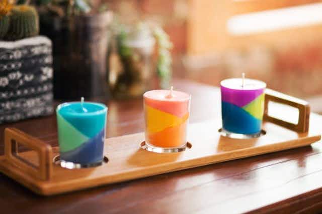 Use crayons to make color-block votive candles.