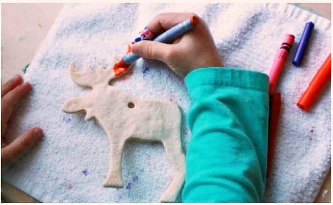 Use melted crayons to decorate salt dough ornaments for Christmas.