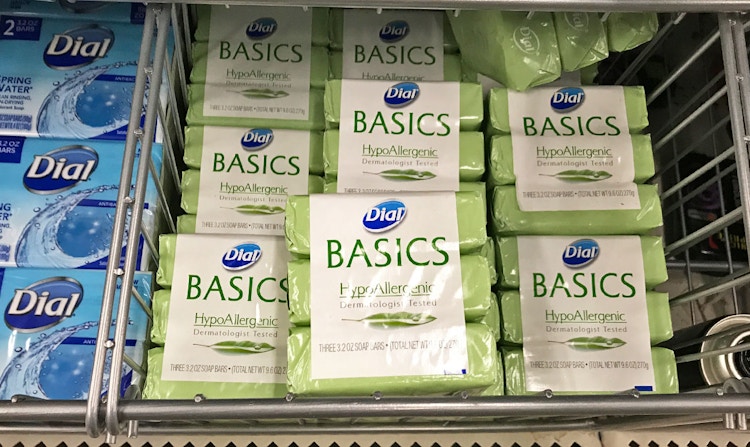 Dial basics soap bars stocked on a shelf.