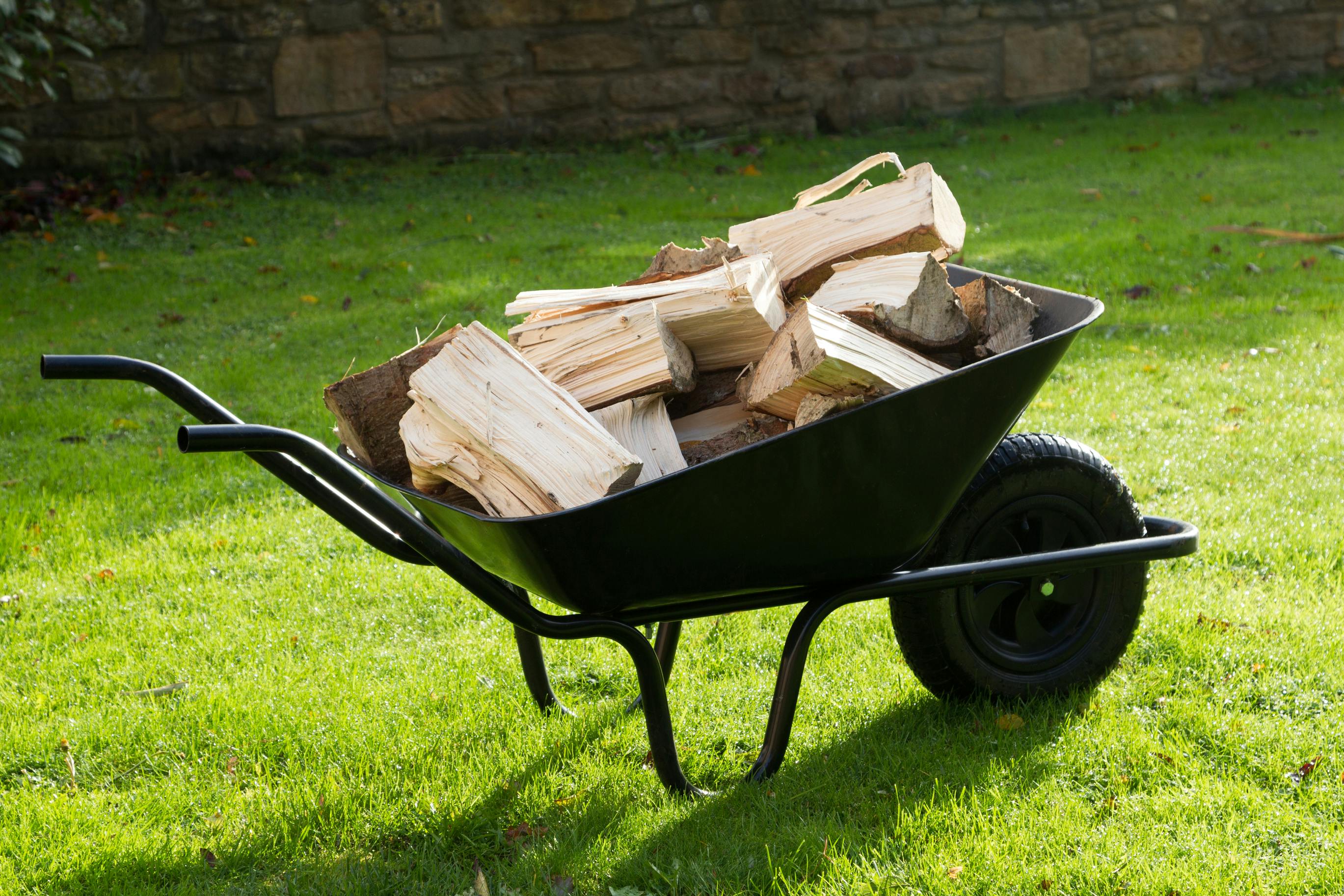 A wheelbarrow filled with firewood in a yard