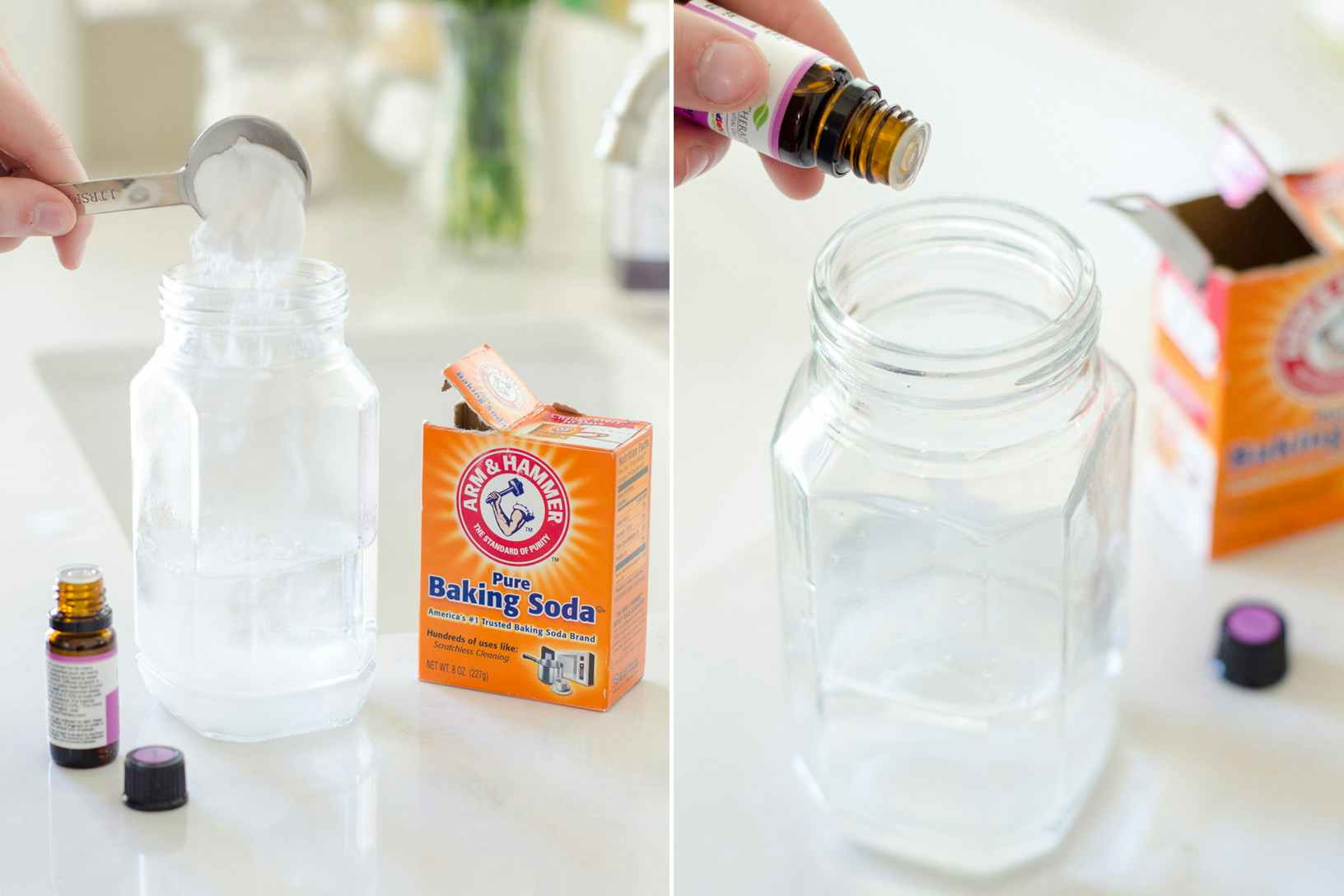 Mix baking soda, distilled water and essential oil for a bathroom air freshener.