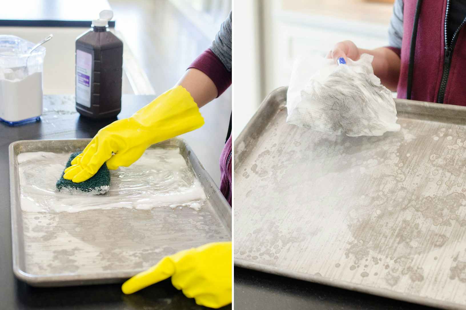 Clean off stains from baking sheets with a baking soda and peroxide paste.