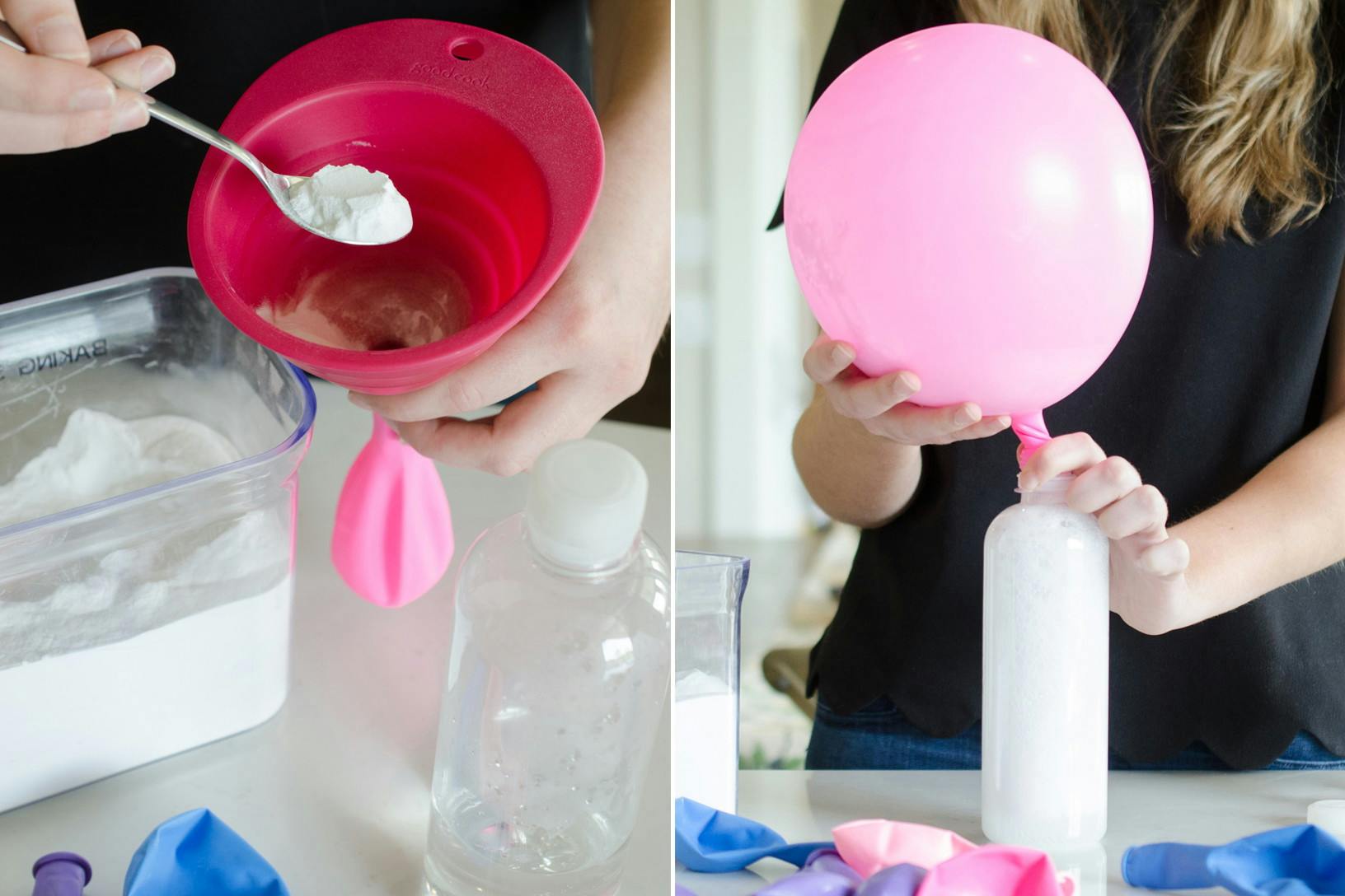 Conduct a science experiment with kids by filling balloons with baking soda and vinegar, then watching them inflate.