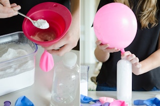 Conduct a science experiment with kids by filling balloons with baking soda and vinegar, then watching them inflate.