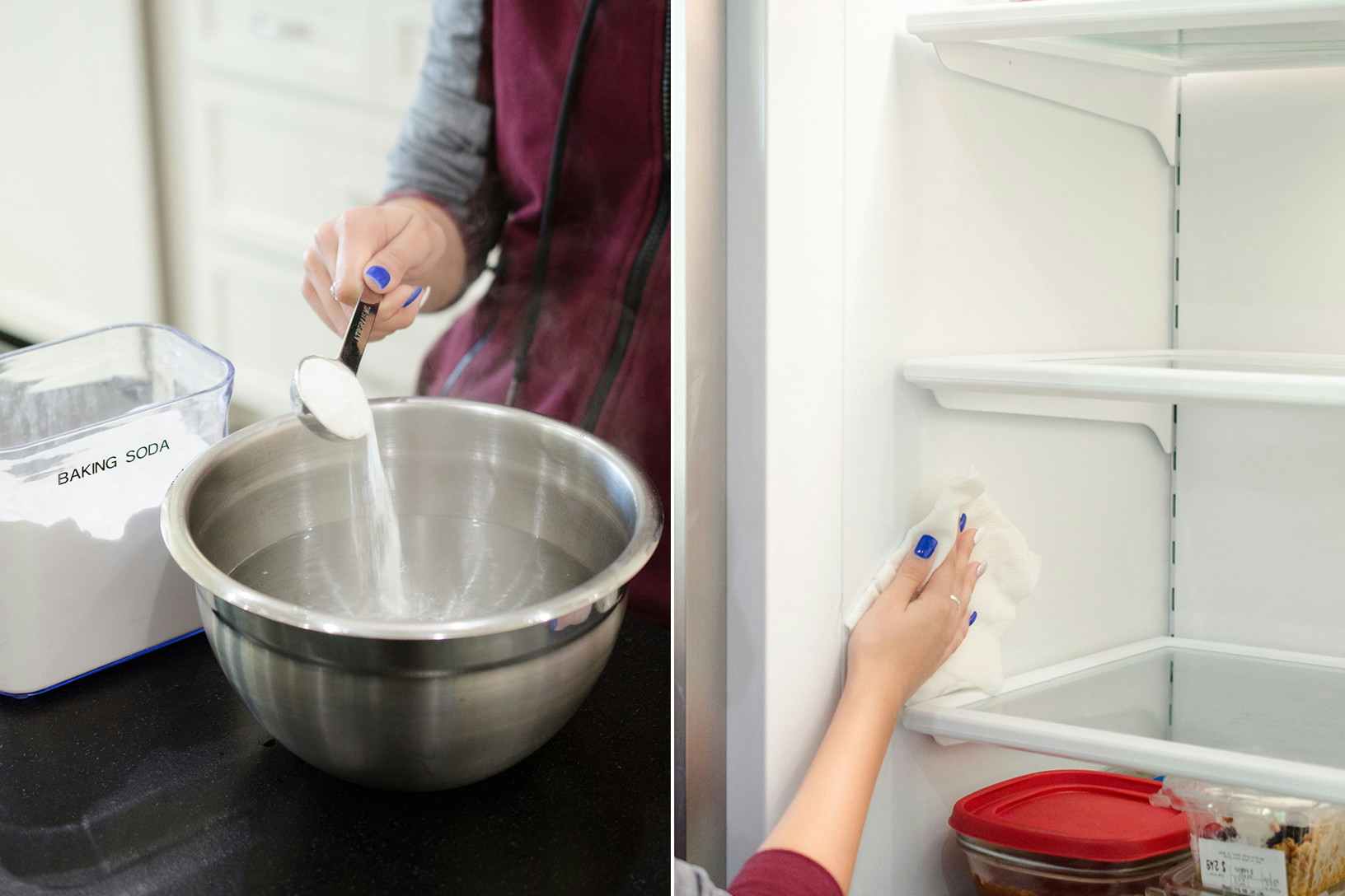 Clean the inside of your refrigerator with baking soda and hot water.