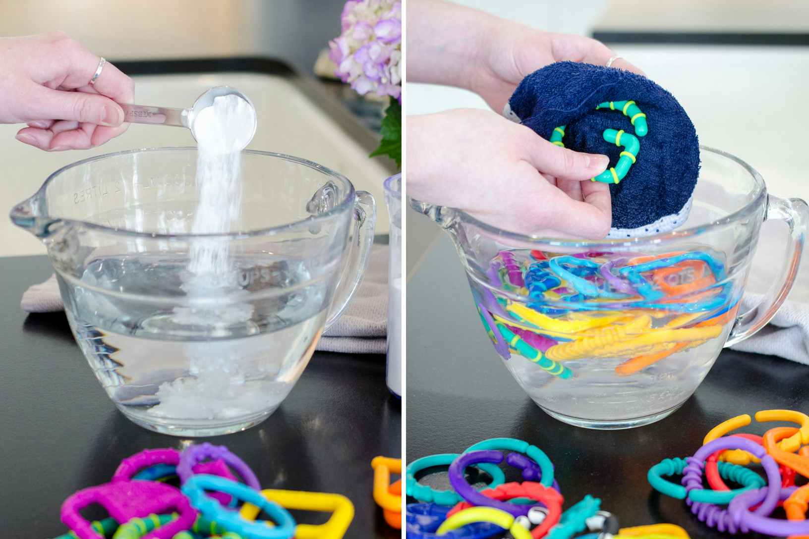 Clean and deodorize baby toys with baking soda.