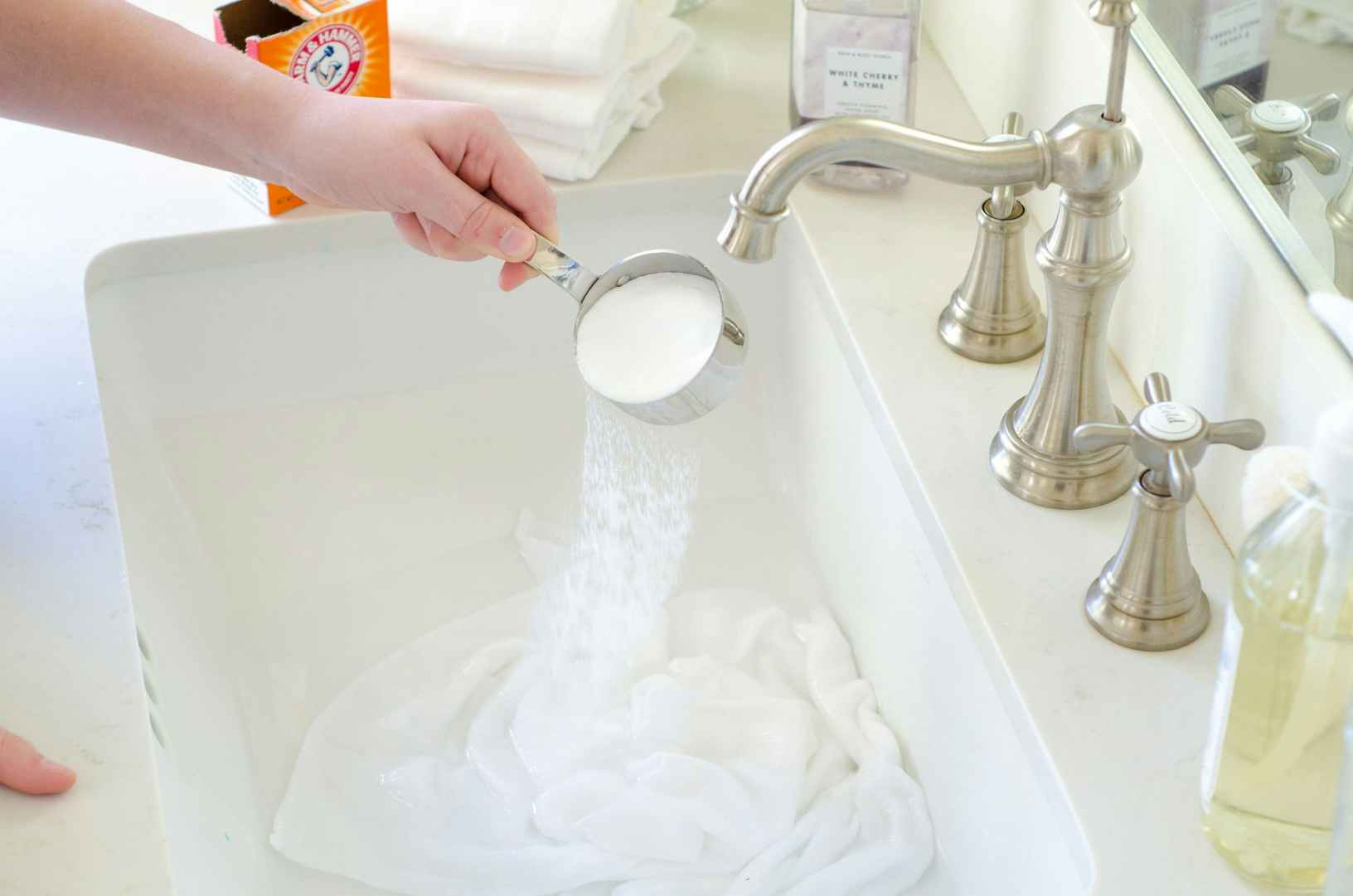 Clean cloth diapers by dissolving half a cup of baking soda in 8 cups of water.
