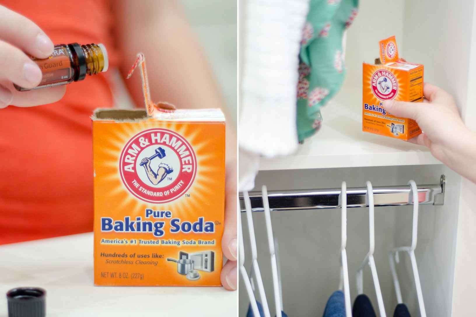 Add a few drops of essential oils to a box of baking soda to freshen your closet.