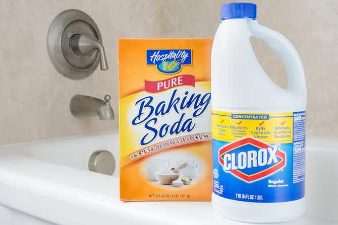 Remove grout stains with bleach and baking soda.