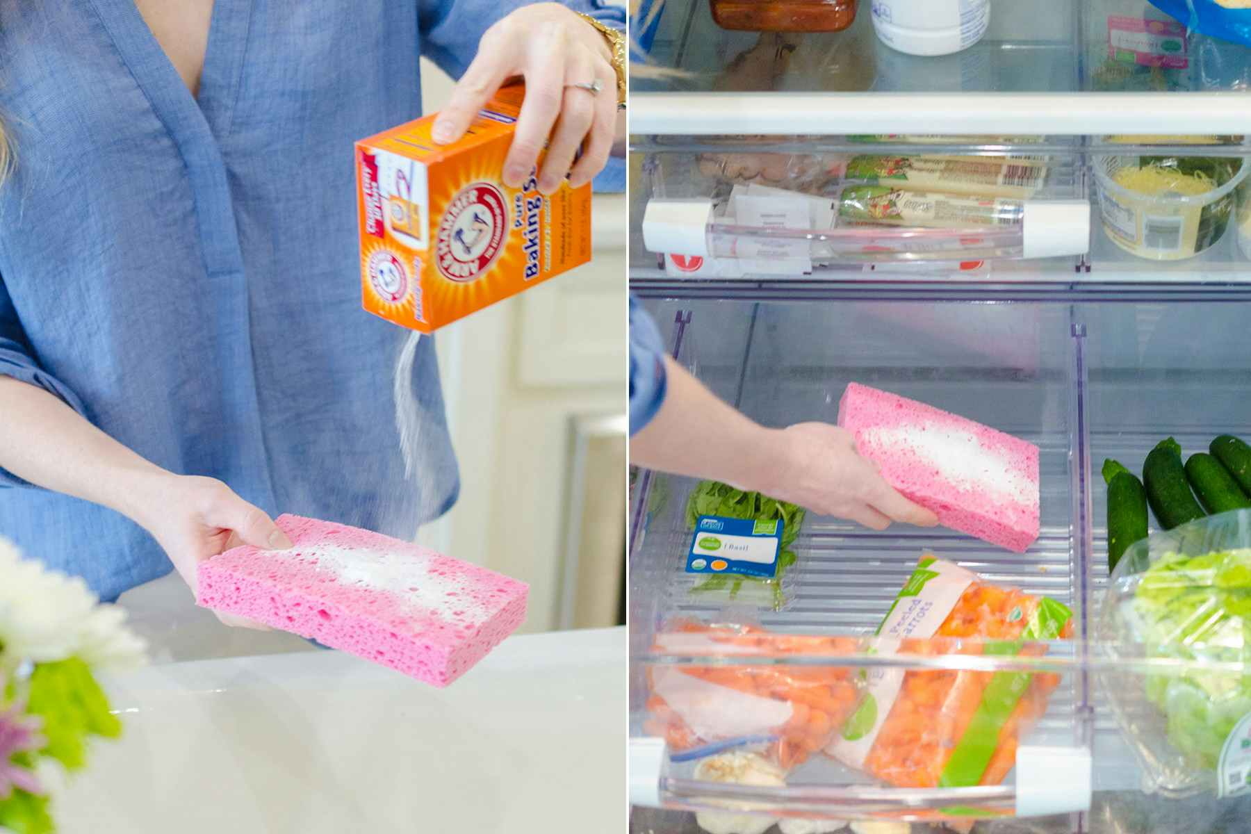 Use baking soda on a sponge to absorb smells in your fridge.
