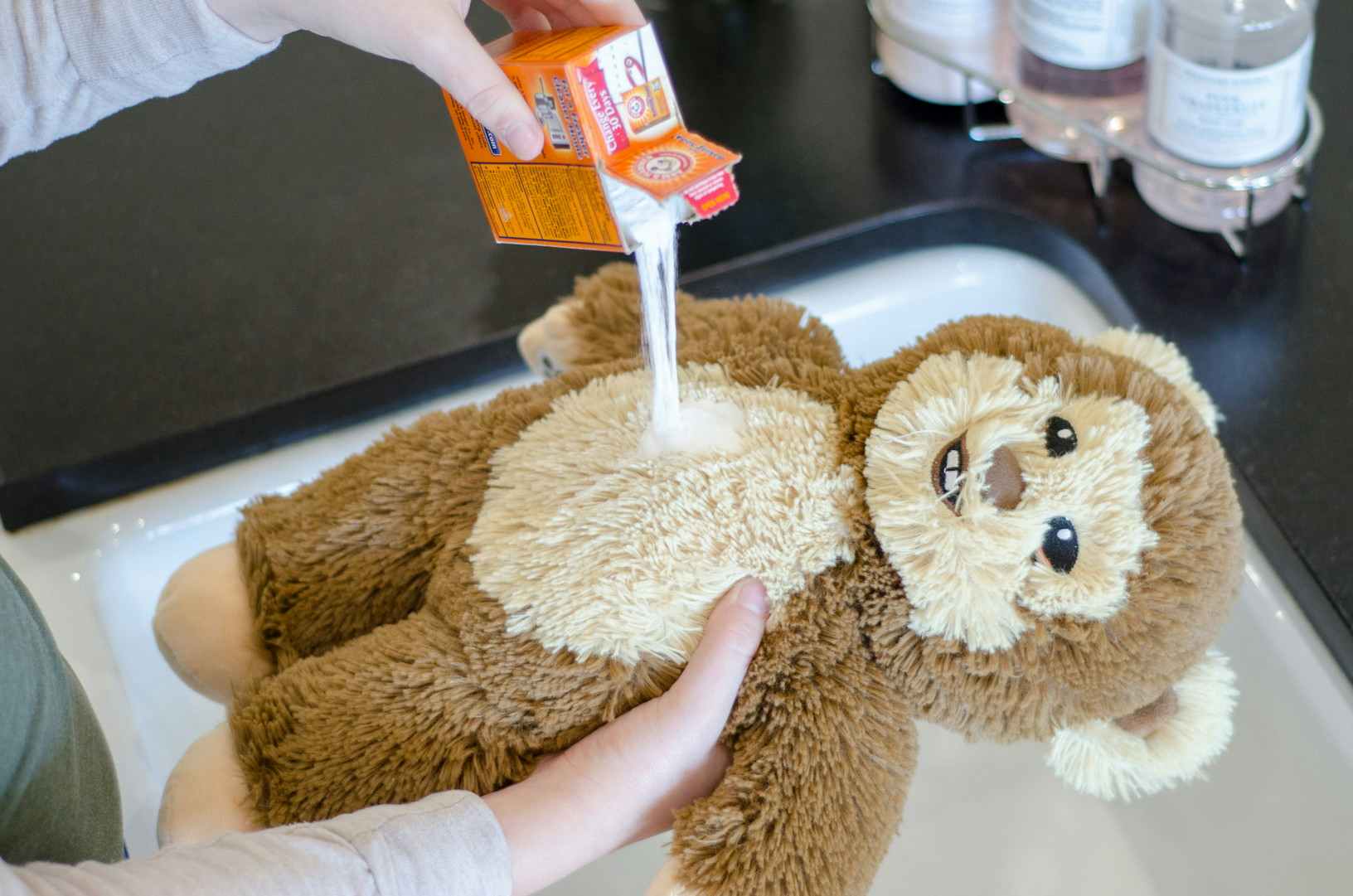 Freshen stuffed animals by sprinkling baking soda and waiting 15 minutes.