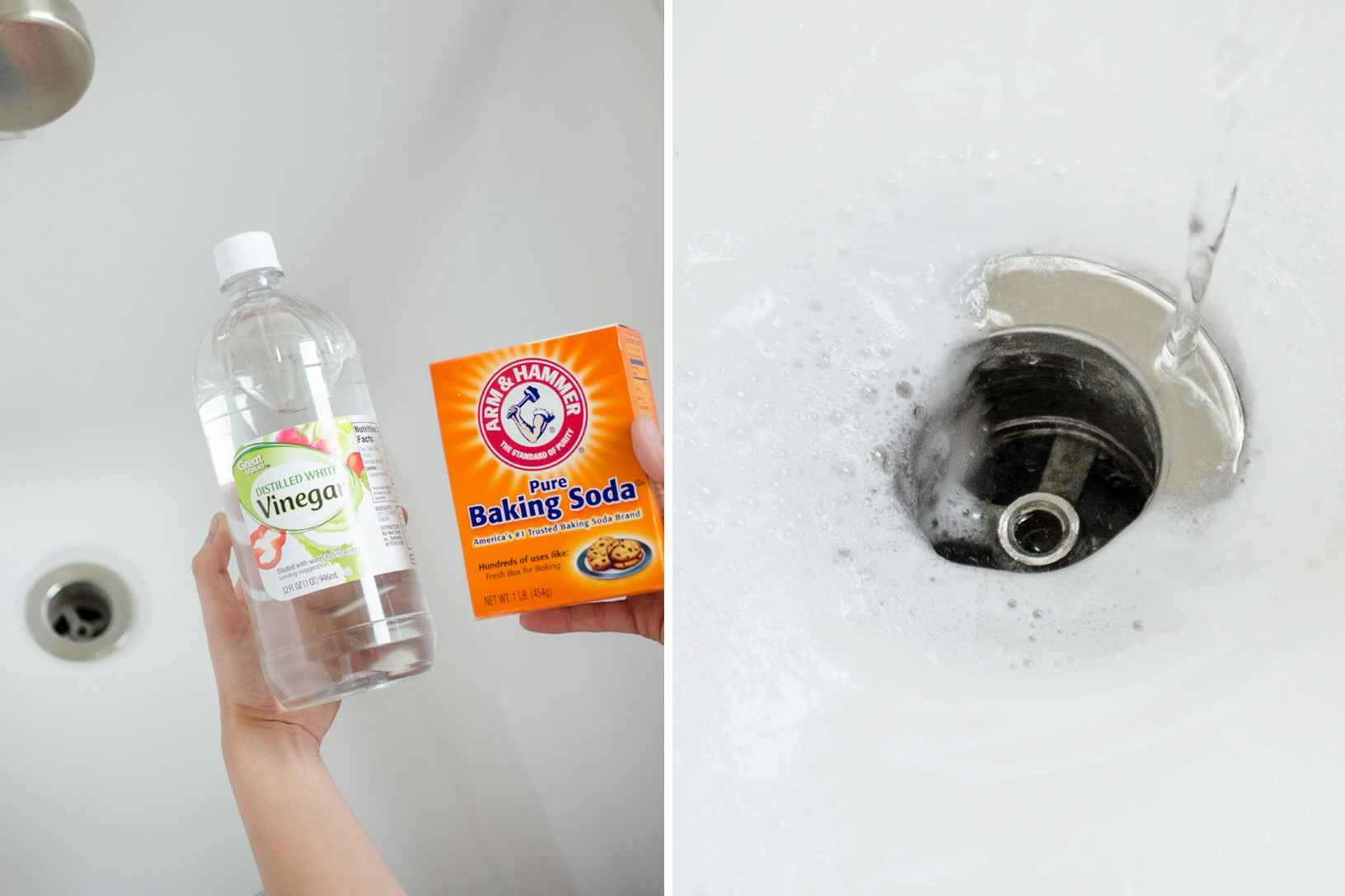 Unclog drains with one cup of baking soda and one cup of vinegar.