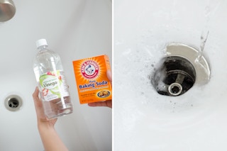 Unclog drains with one cup of baking soda and one cup of vinegar.