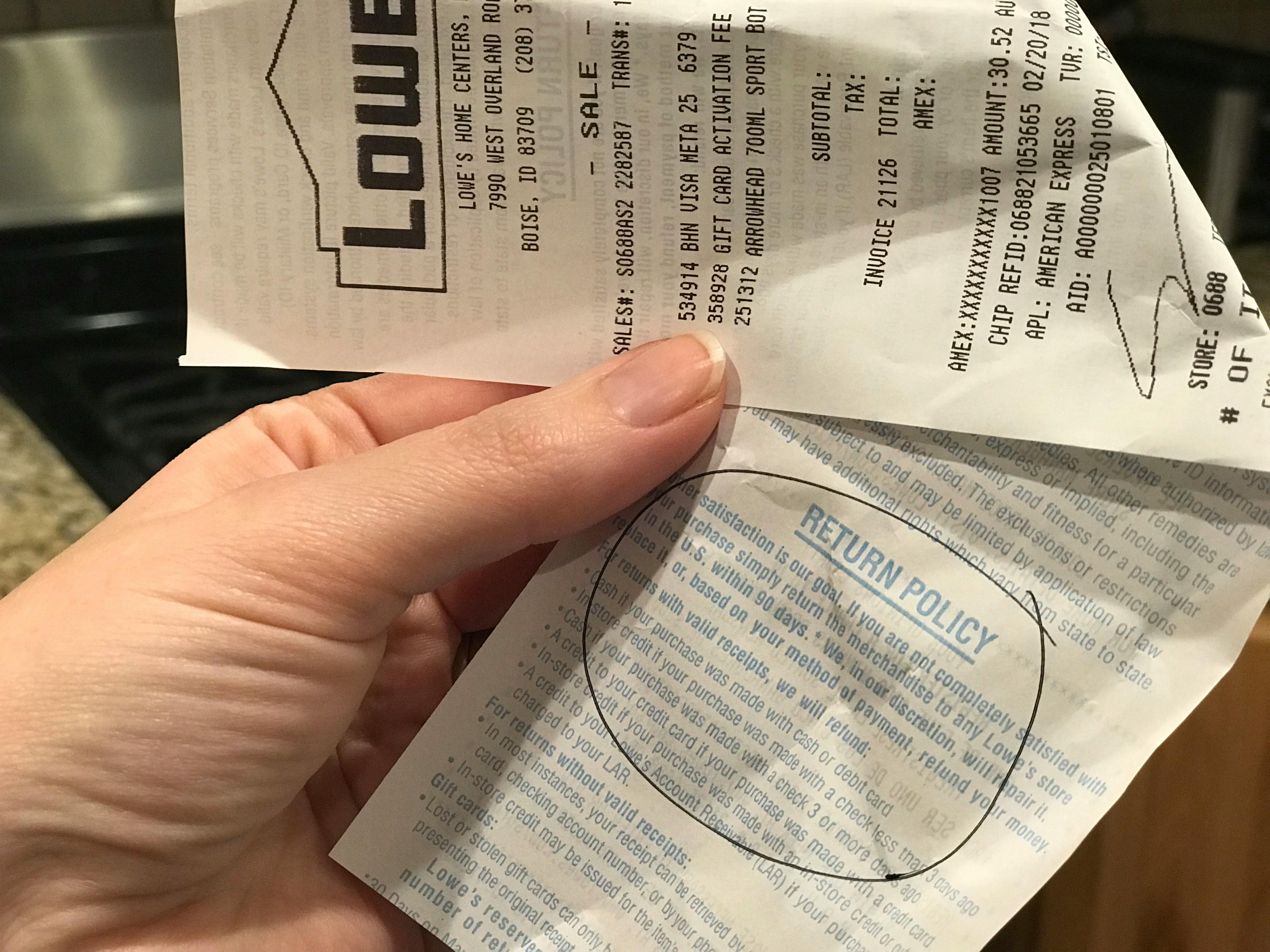 Lowe's receipt with return policy circled