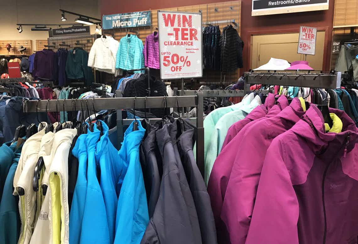 A Winter Coat clearance rack at REI