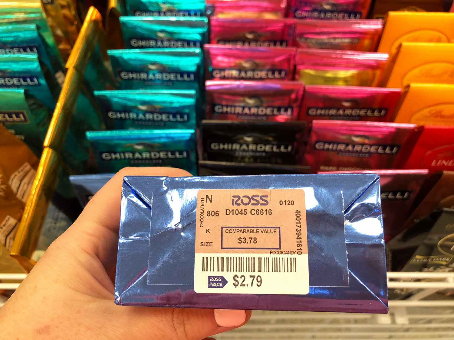 Ghirardelli squares at Ross checkout are actually a good deal. Walmart sells for $3.78.
