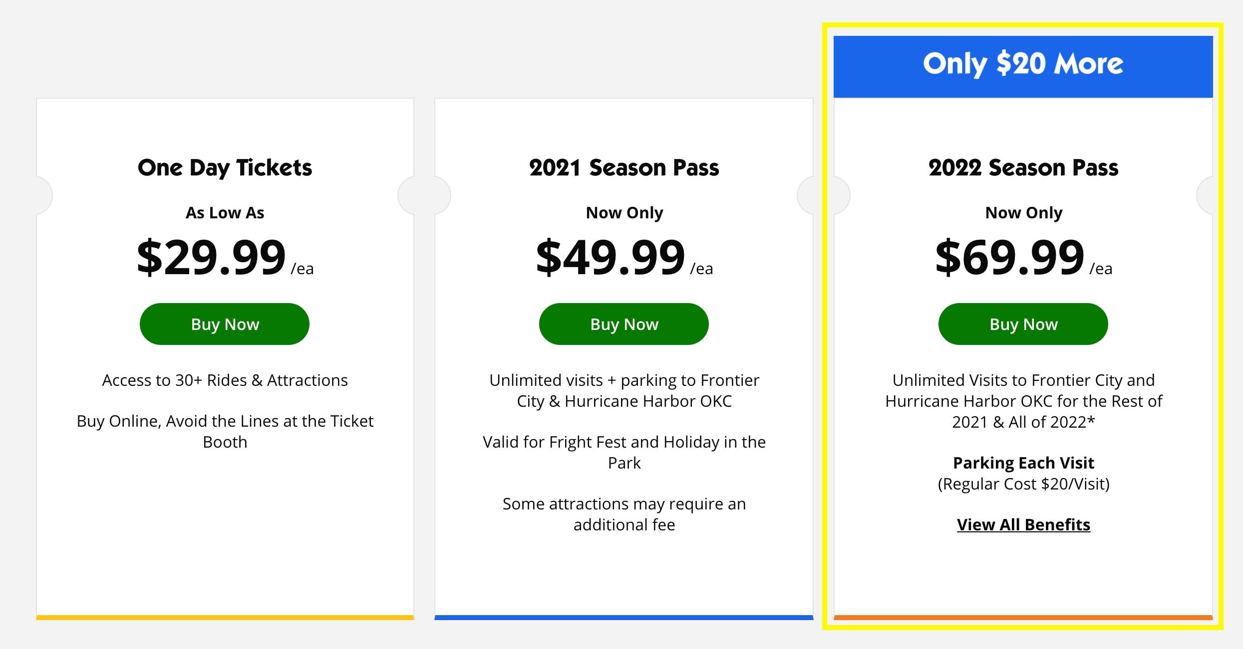 Screenshot of the season pass purchase page on sixflags.com