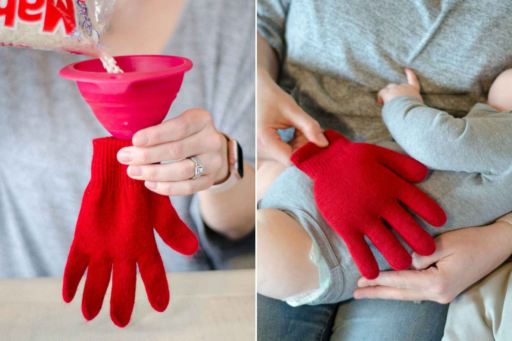 someone pouring rice into a glove and placing it on a baby