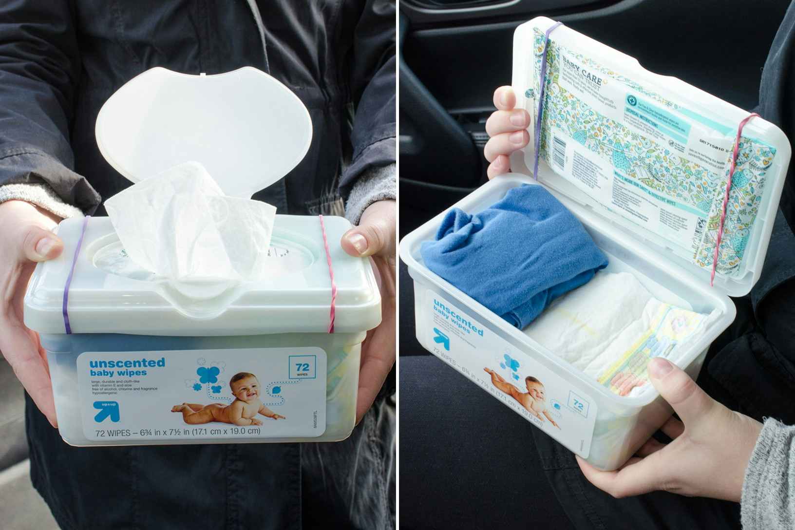 person holding repurposed baby wipes container 