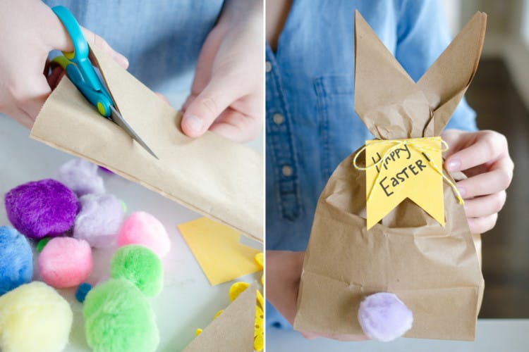 Create an Easter bunny bag out of a brown paper bag and pom poms.
