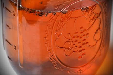 A close-up of a mason jar filled with beer, with dead fruit flies floating in it.