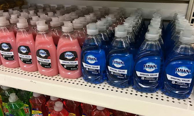 Dawn dish soap stocked on a shelf at Dollar Tree.