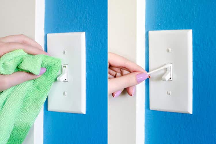 Clean light switches and plates with rubbing alcohol.