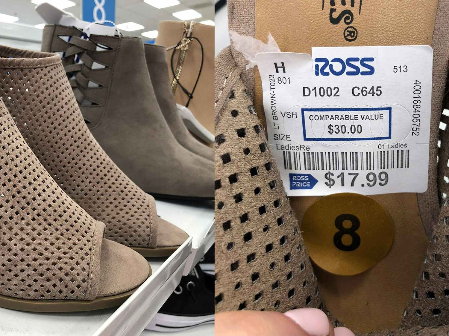 shoes from ross next to a price tag