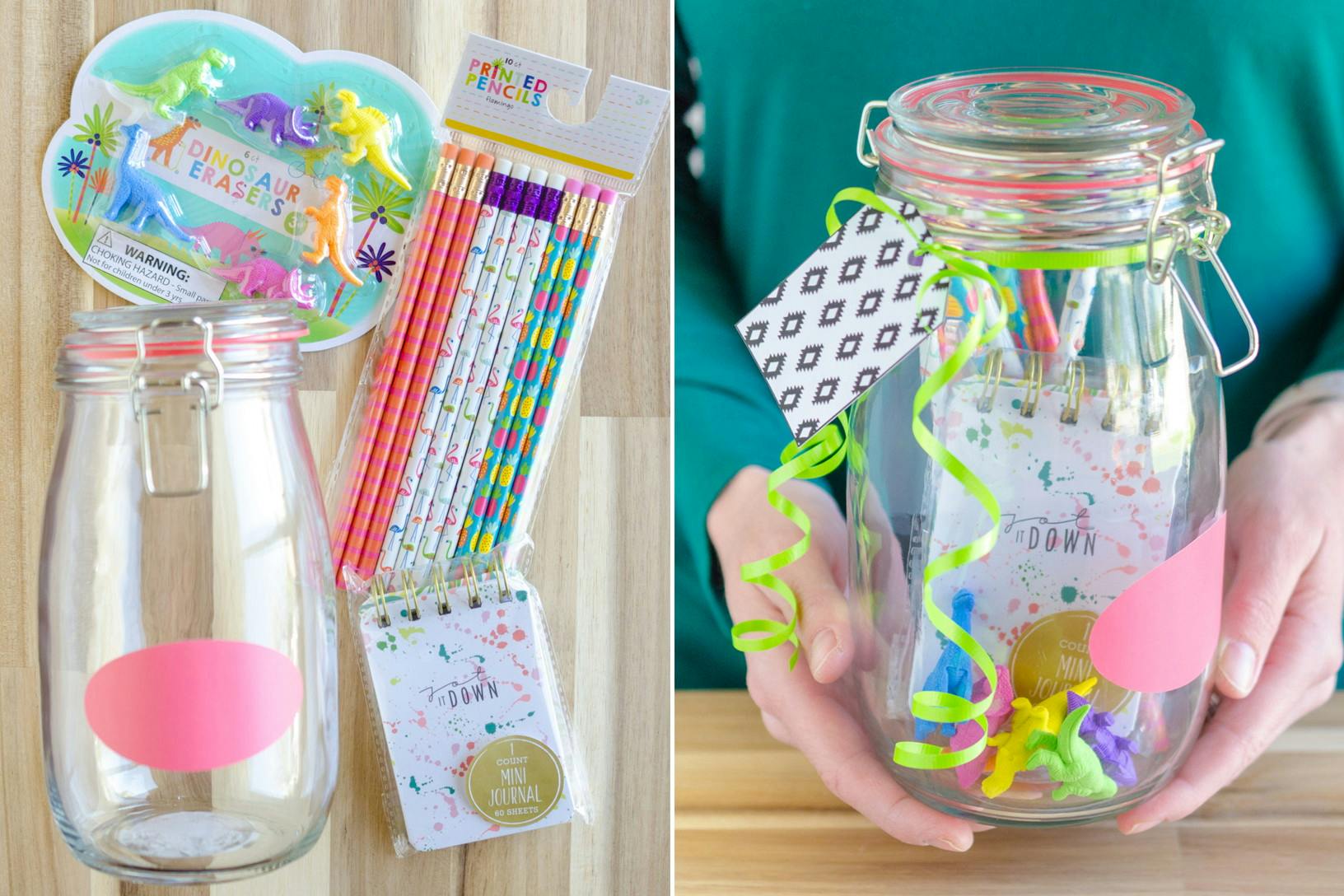 Two images; one with a jar and pencils, small notepad and dinosaur erasers, the second image has a person holding the jar with all of the items inside with a ribbon tied around the top of the jar with a tag.