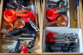 two images of before and after organized drawer of measuring cups and spoons
