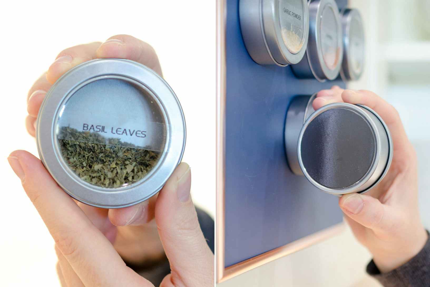 two images of a person storing spices in magnetic tins