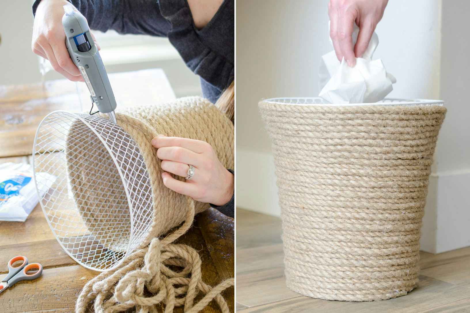 two images of a person using a hot glue and rope to transform a wire wastebasket