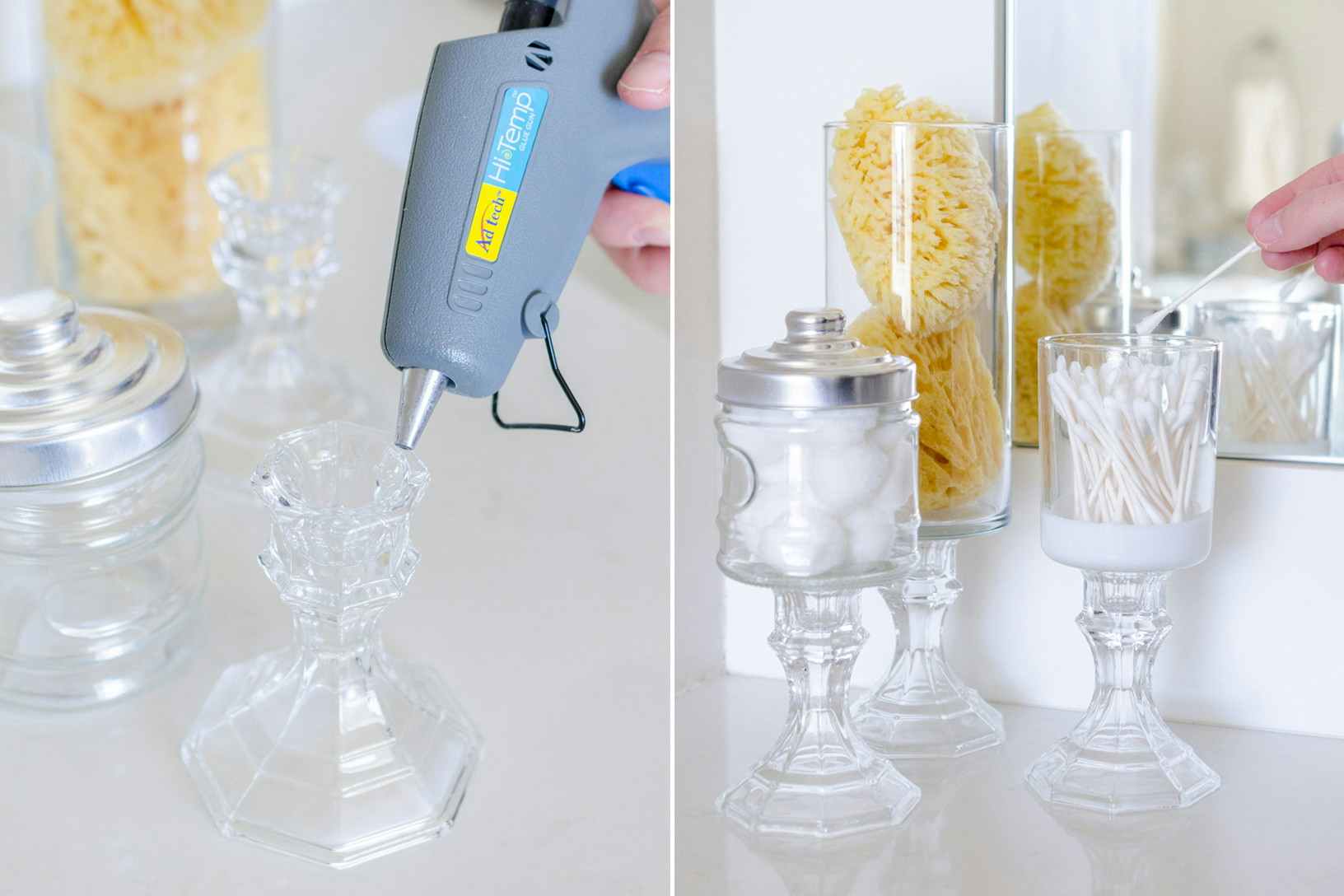 two images of gluing vases onto candlestick holders to create DIY apothecary jars